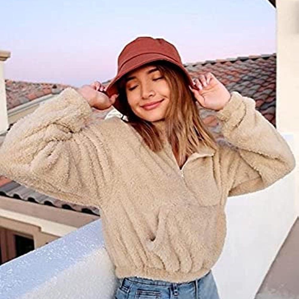 ✨ ZAFUL Women's Faux Fur Half Zip Fuzzy Sweatshirt Warm Fleece Crop Sherpa ✨